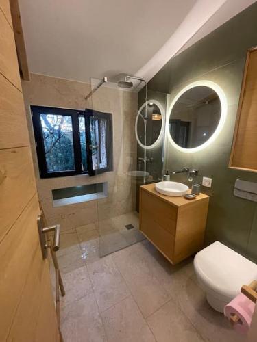 une salle de bain avec un lavabo, des toilettes et un miroir dans l'établissement Lou Mazet - Nîmes, à Nîmes