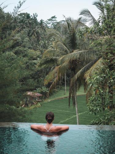 a person in a pool of water in a jungle at Tirta Sari in Tampaksiring