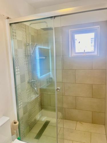 a shower with a glass door in a bathroom at Montagu Villa Apt14 in Flic-en-Flac