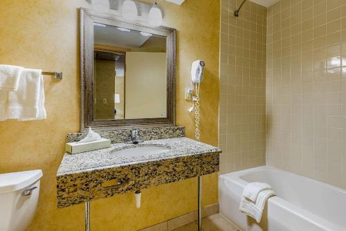 a bathroom with a sink and a tub and a mirror at Quality Inn & Suites Coldwater near I-69 in Coldwater