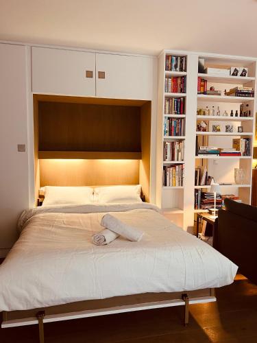 - une chambre avec un grand lit et une étagère dans l'établissement Another Attractive Flat near by St-Germain, St-Placide, à Paris