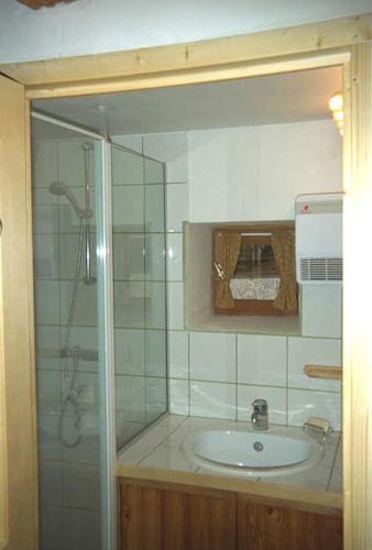 une salle de bain avec un lavabo et une douche dans l'établissement Petit chalet de montagne, à Mizoën