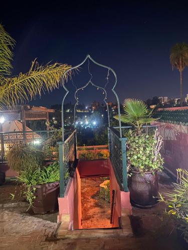 a stairway with potted plants on it at night at Riad Lahboul in Meknès