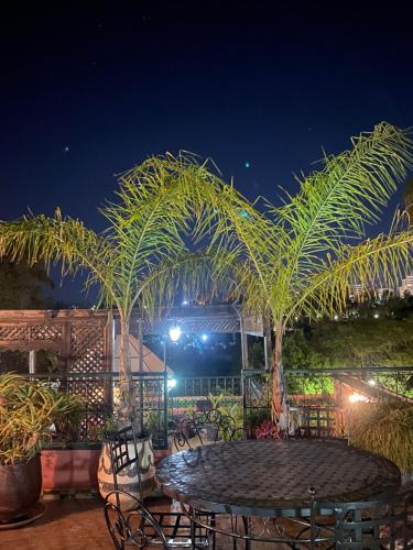 a table with chairs and palm trees at night at Riad Lahboul in Meknès