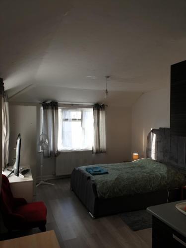 a bedroom with a bed and a television and a window at Studios in Ely