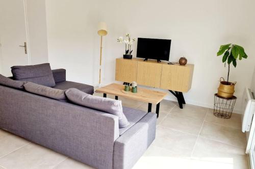 un salon avec un canapé et une télévision dans l'établissement Maison Castres Gironde proche Bordeaux, à Castres-Gironde