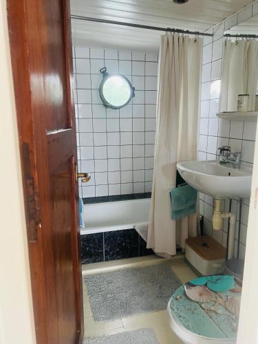 a bathroom with a tub and a sink and a mirror at The Island Houseboat in Amsterdam