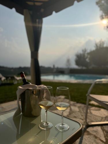 two glasses of white wine sitting on a table at Agriturismo Podere La Piazza in Costigliole dʼAsti