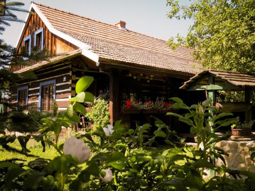 a wooden house with a garden in front of it at Nad Horyłką in Ropienka