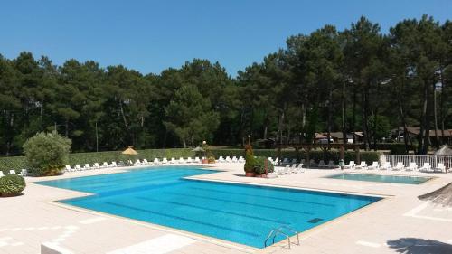 - une piscine entourée de chaises blanches dans l'établissement Détente et Nature Maisonnette Conviviale pour 6 Personnes dans un Village de vacances, à Gujan-Mestras