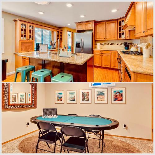 a kitchen with wooden cabinets and a table and chairs at ᨒFIREHAUSᨒHotTubᨒCinemaᨒBBQᨒBadmintonᨒGames in Arvada