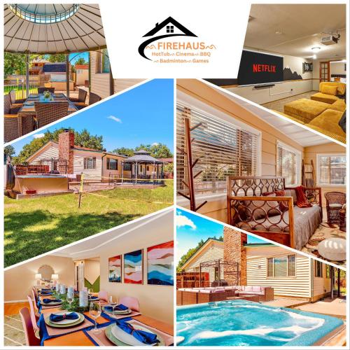 a collage of pictures of a house with a pool at ᨒFIREHAUSᨒHotTubᨒCinemaᨒBBQᨒBadmintonᨒGames in Arvada