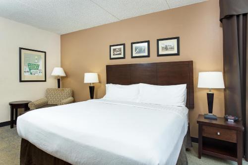 a hotel room with a large bed and two lamps at Holiday Inn Louisville Airport - Fair/Expo by IHG in Louisville