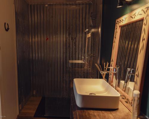 a bathroom with a white sink and a shower at La Forge Tranquille in Heudreville-sur-Eure