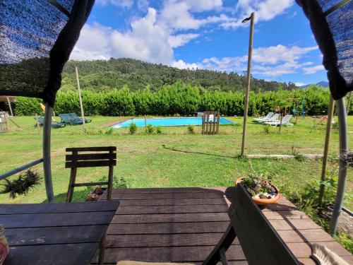 a view of a backyard with a picnic table and a pool at Vale do Caracol in Arcos de Valdevez