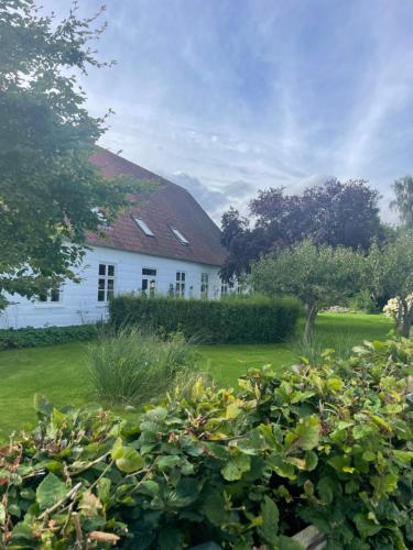 a white house with a red roof at Lejlighed i landlige omgivelser in Vamdrup