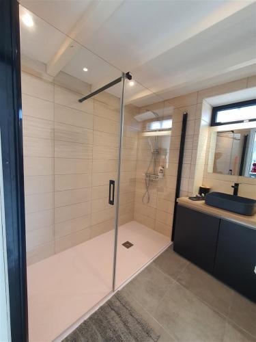 a bathroom with a shower with a glass door at Love room avec spa privatif in Ruelle-sur-Touvre