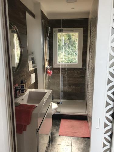 une salle de bain avec une douche, un lavabo et des toilettes dans l'établissement Rendez-vous avec la mer, à Hautot-sur-Mer