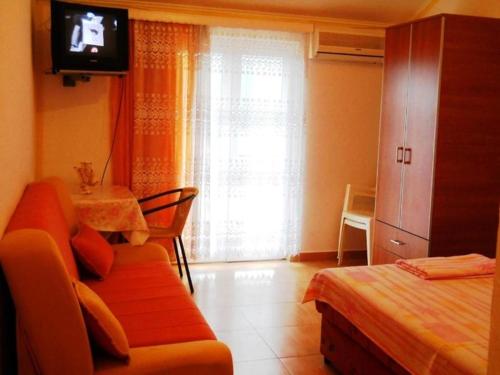 a living room with a couch and a table and a television at Apartmani Igalo Studio Povoljno in Igalo