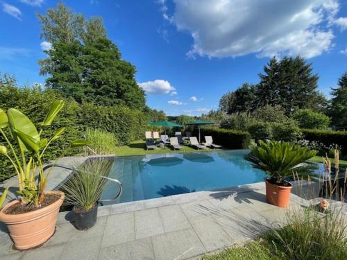 a swimming pool with potted plants in a yard at Alwine - Landhaus an den Spreewiesen in Rietz Neuendorf