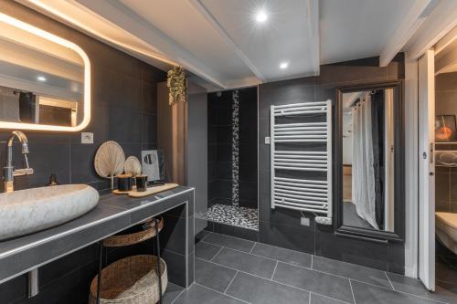 La salle de bains est pourvue d'un grand lavabo et d'une douche. dans l'établissement MDOR - Atoll - Appt au cœur de Lyon, à Lyon