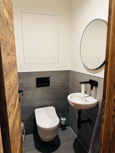 a bathroom with a white toilet and a sink at Hotel Ovruč apartmány Vadian in Štrbské Pleso