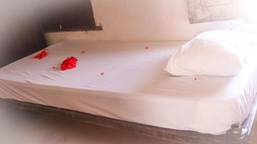 a bed with red flower petals on it at Jannat House in Lamu
