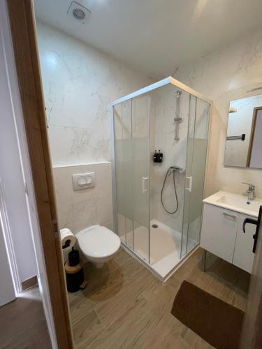 a bathroom with a shower and a toilet and a sink at Hôtel du Parc Canal - Stade de France in Saint-Denis