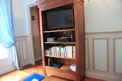 a book shelf with a tv and books at Apartment Lourmel in Paris