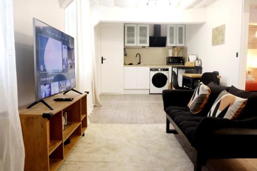 un salon avec un canapé et une télévision à écran plat dans l'établissement Liz Suite - T2 - Wifi - Queen size, à Rouen