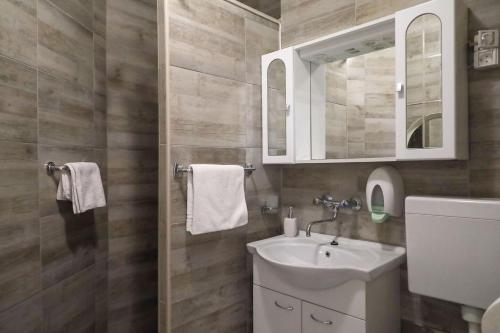 een badkamer met een wastafel en een spiegel bij Apartments Novis in Kali