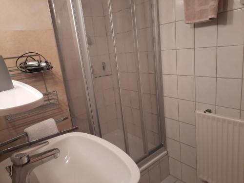 a bathroom with a shower and a toilet and a sink at Asbichlerhof in Bad Endorf