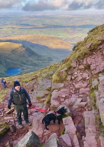 a man walking two dogs on a mountain at James' Place at Castle Cottage in Merthyr Tydfil