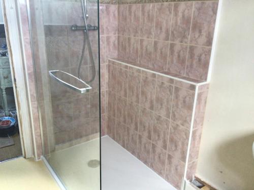 une douche avec une porte vitrée dans une salle de bain dans l'établissement La sourdine, à Sourdeval