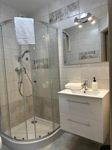 a bathroom with a shower and a sink at APARTAMENTY LAVENDERIA z widokiem na Górę Parkową, blisko centrum in Kudowa-Zdrój