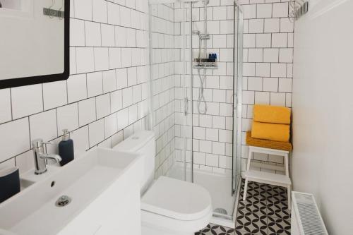 a bathroom with a toilet and a sink and a shower at Fifies - Your Seaside Bolthole in Pittenweem