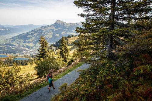 a person walking down a path on a mountain at COOEE alpin Hotel Kitzbüheler Alpen in Sankt Johann in Tirol