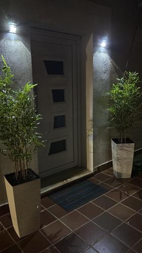 two potted plants sitting in front of a door at Alloggio M&M in Padova