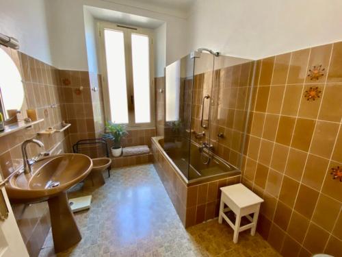 une salle de bain avec un lavabo, une baignoire et une douche dans l'établissement Palais Gothique, à Cannes