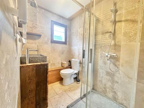une salle de bain avec toilettes et douche en verre dans l'établissement Appartement 41m2, à Gérardmer