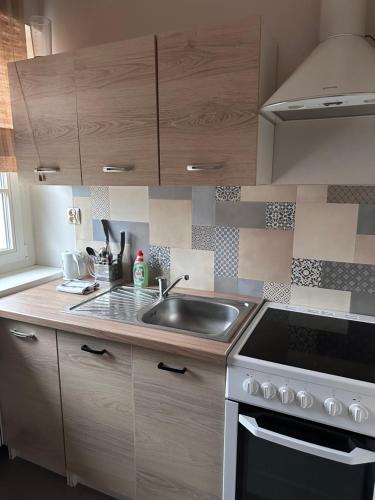 a kitchen with a sink and a stove at Apartament Bankowy in Olecko