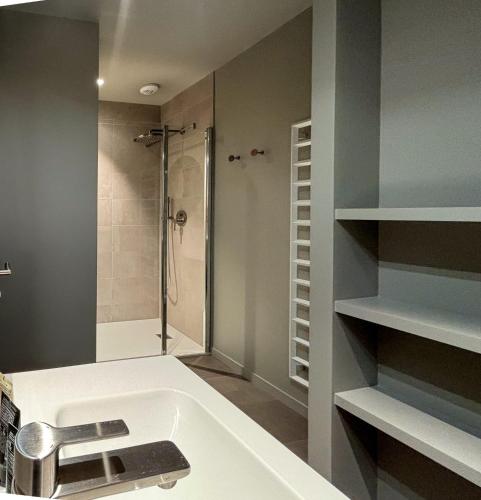 une salle de bain avec un lavabo et une douche dans l'établissement Beg Leguer T2, trebeurden, à Trébeurden