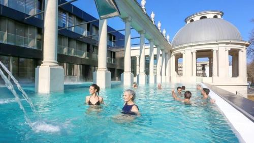 un groupe de personnes dans une piscine située dans un bâtiment dans l'établissement Le Coquet de Pasteur - À 5 minutes à pied de Nancy Thermal, à 10 min du campus ARTEM, à Nancy
