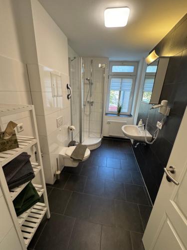 une salle de bain avec un lavabo, une douche et des toilettes dans l'établissement Katrin, à Weimar