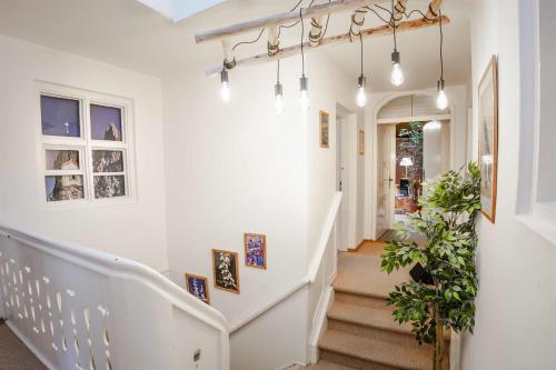 a white hallway with stairs and potted plants at Hoglhaus & Malerwinkel in Mittenwald
