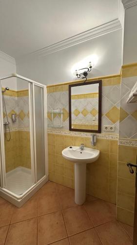a bathroom with a sink and a shower at Posada Ana Ponce in Sierra de Yeguas