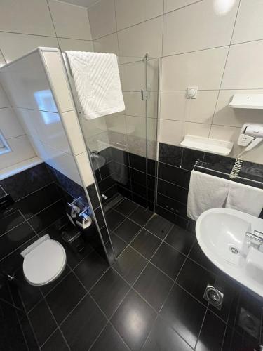 a bathroom with a shower and a toilet and a sink at Hotel Elegance in Belgrade