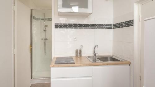 - une cuisine blanche avec un évier et une douche dans l'établissement Le Logis du Cardinal - Lit king Size - Hypercentre, à Troyes
