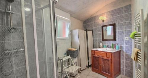 a bathroom with a shower and a sink and a refrigerator at Gites Air Marin in Lannion