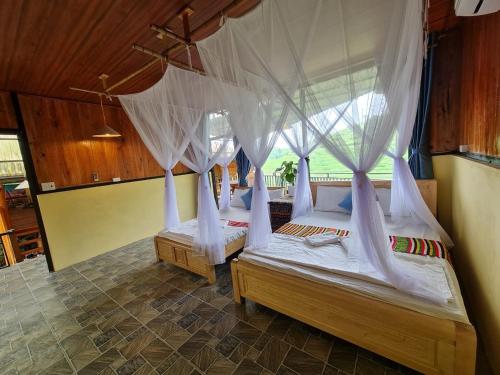 two beds in a room with mosquito nets at Hiếu Hương Homestay in Lũng Tiềm